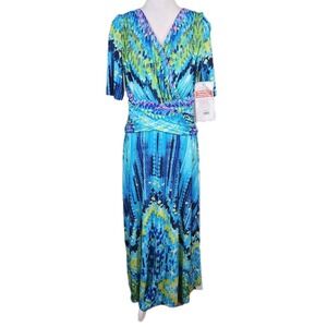 EY Boutique Maxi Dress Womens 10 Teal Aqua Blue Wrap Bust Stretch Casual NEW